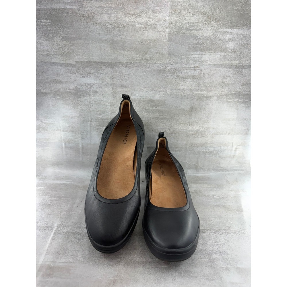 Vionic Jacey Women Sz 9.5 Black Leather Wedge Slip On Comfort Shoes Round Toe